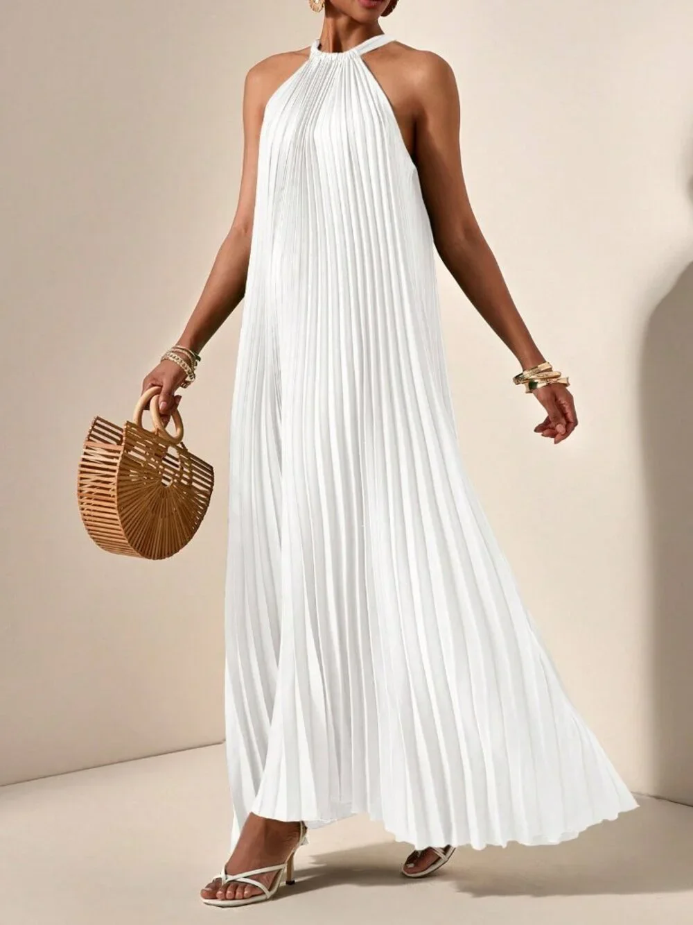 White Casual Women's Halterneck Sleeveless Pleated A-Hem Loose Maxi dress - Picture 6 of 8
